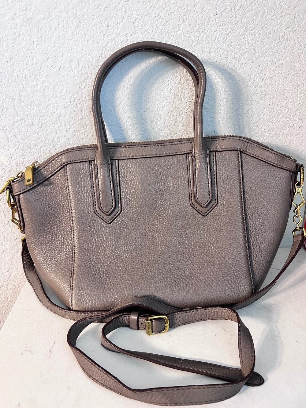 J.Crew Taupe Pebbled Leather Satchel Bag Detachable Shoulder Strap Gold Hardware